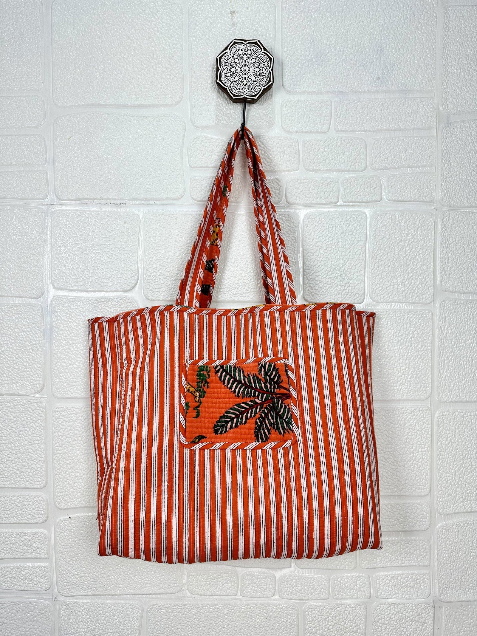 Boho Tote Bag Large Reversible Quilted Velvet Cotton | Beach Weekend Bag Eco friendly Sustainable Sturdy Grocery Shopping Ochre