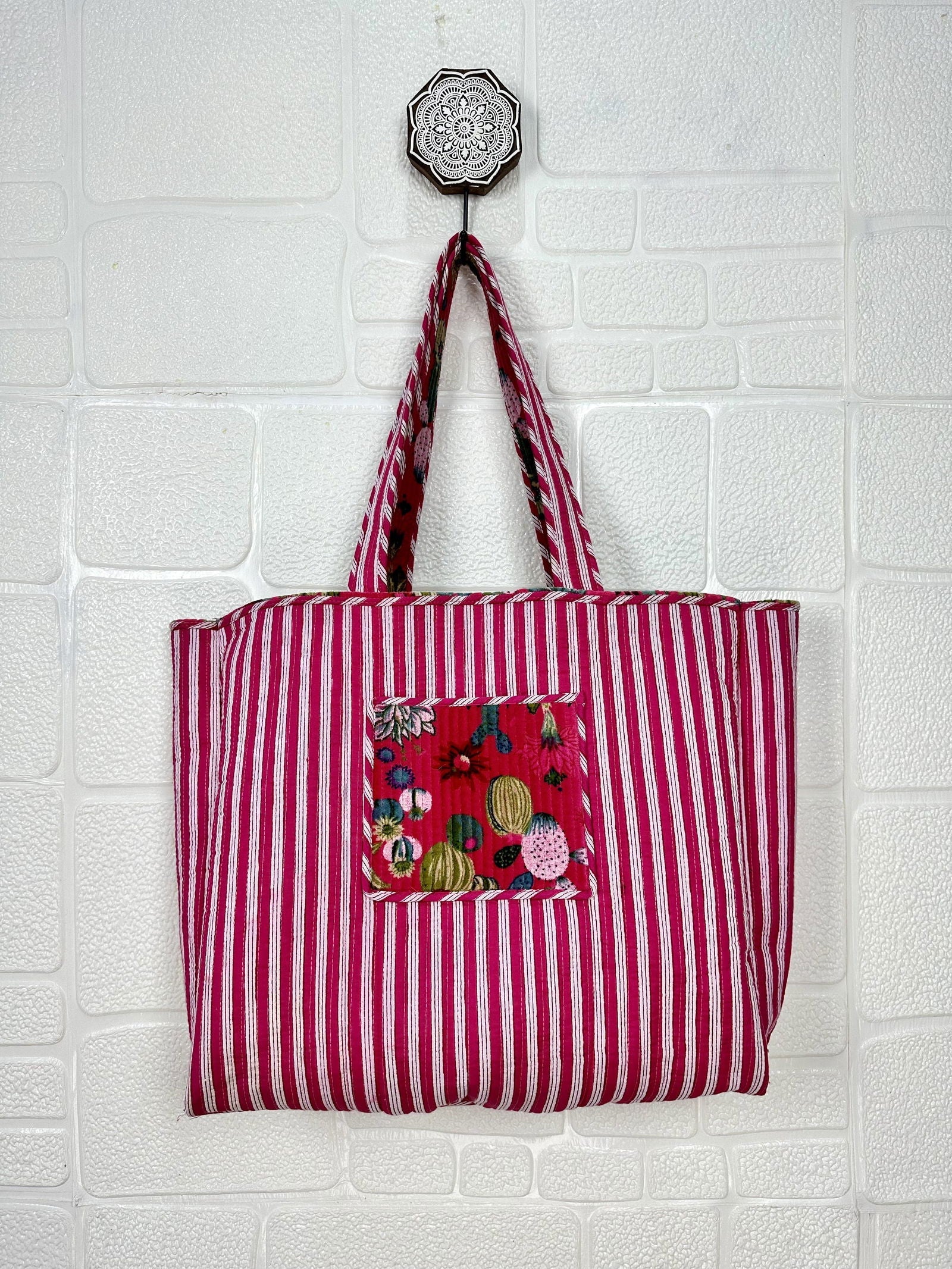 Boho Tote Bag Large Reversible Quilted Velvet Cotton | Beach Weekend Bag Eco friendly Sustainable Sturdy Grocery Shopping Ochre