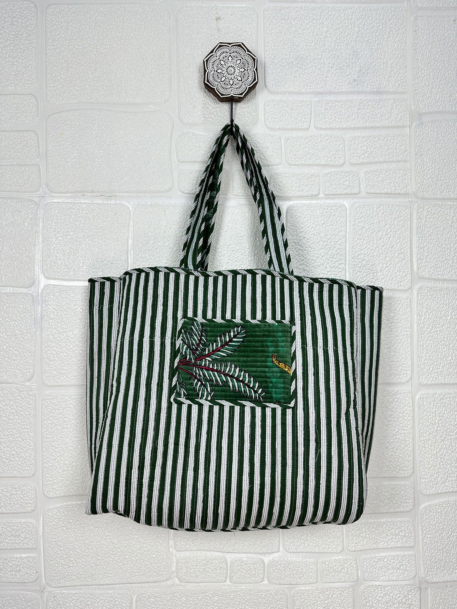 Boho Tote Bag Large Reversible Quilted Velvet Cotton | Beach Weekend Bag Eco friendly Sustainable Sturdy Grocery Shopping Ochre