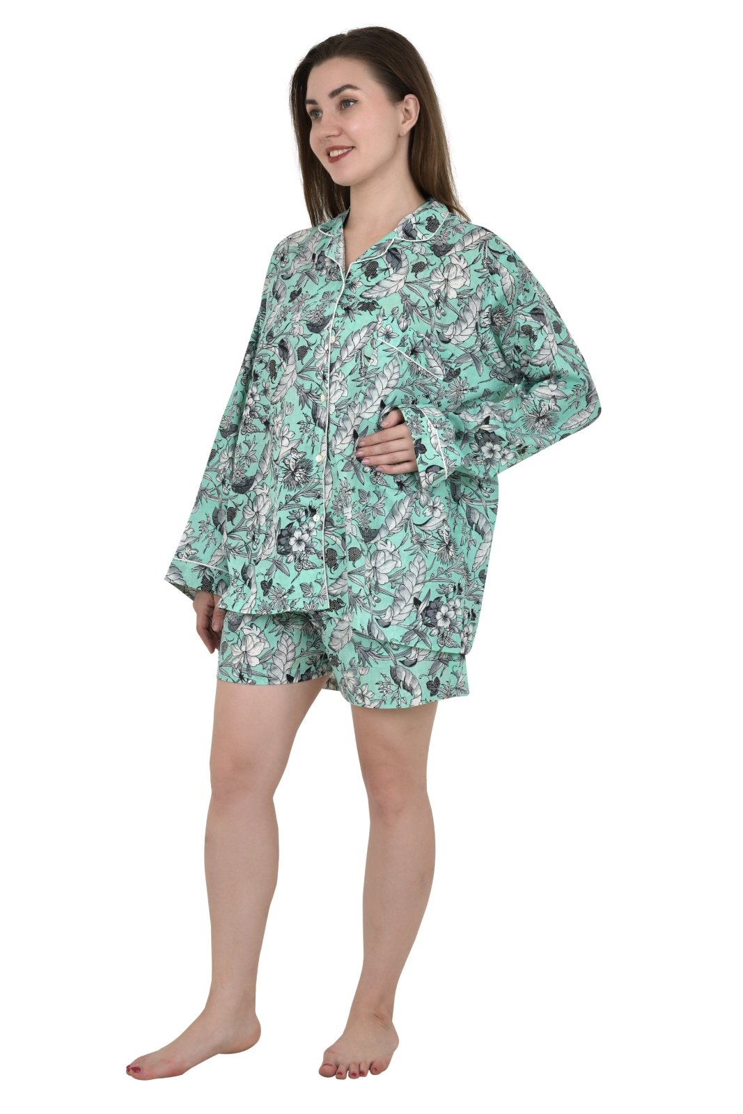Cotton Floral Shorts Pj Set of 3 Luxury Hand Printed Indian Block-print, Pure Cotton, Spring Summer Sleep Lounge Wear | Long Sleeve Top