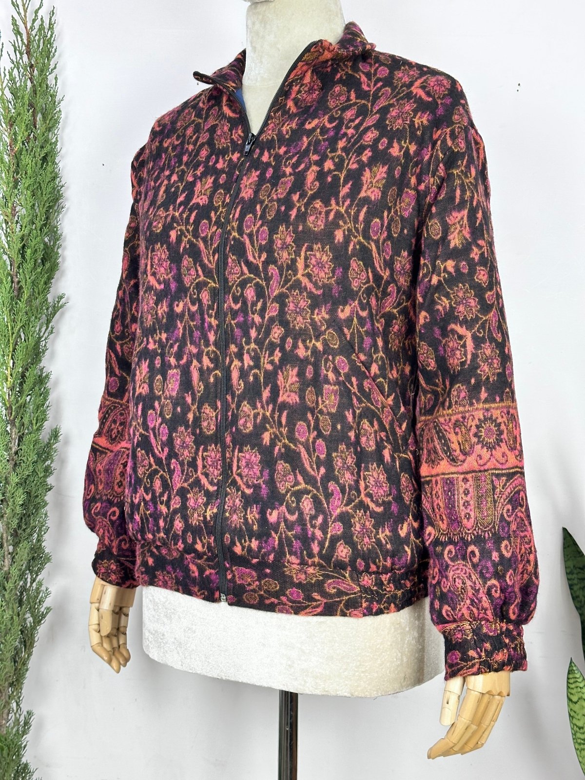 Cozy Yak Wool Blend Bomber Bolero Jacket | Warm Comfy Soft Winter Fashion Casual Party Wear | Boho Chic Paisley Floral Pink Hue Shade Jacket