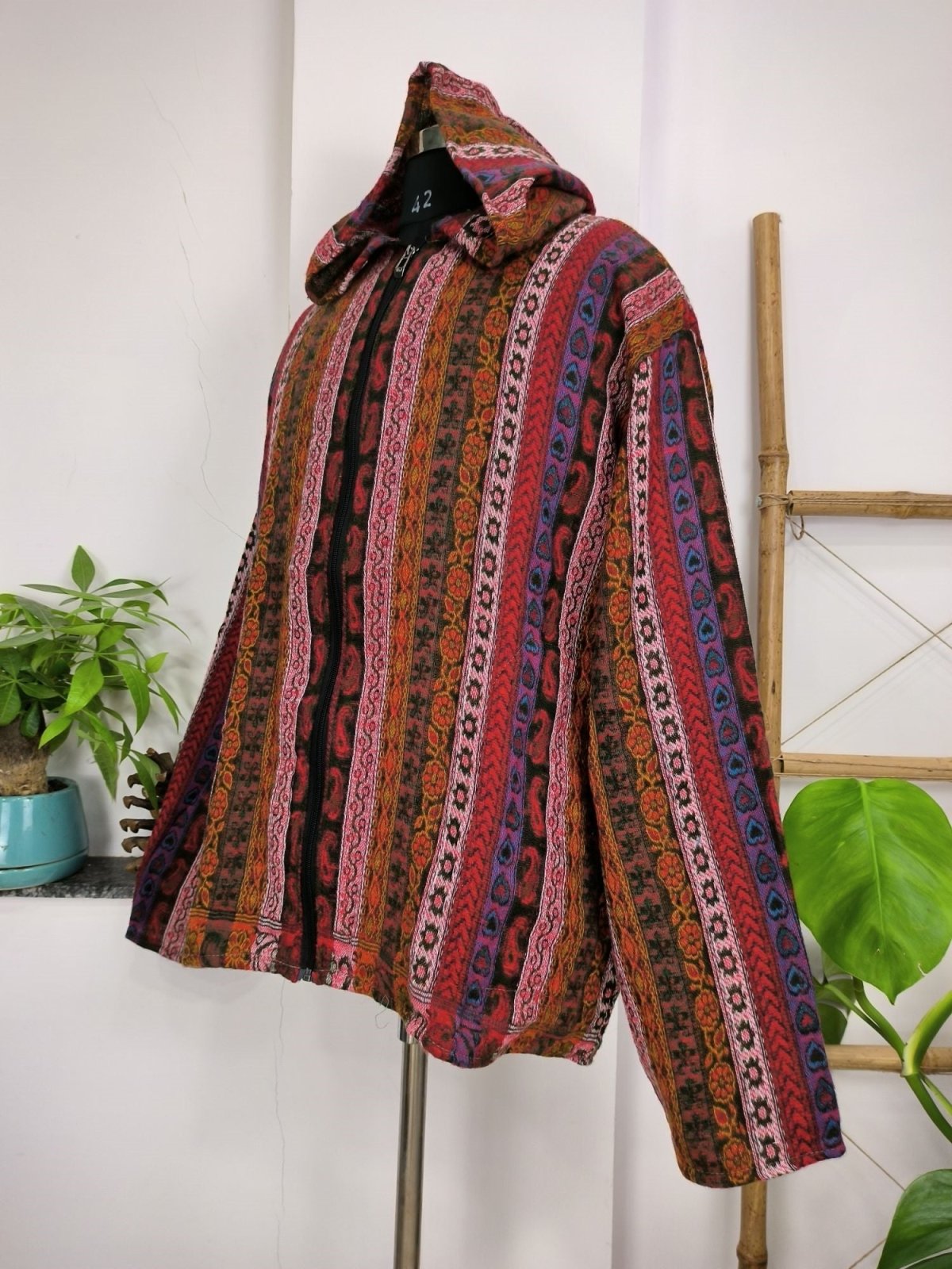 EARTH TONES Hippie Woolen Jacket Hoodie Handmade Boho - Red