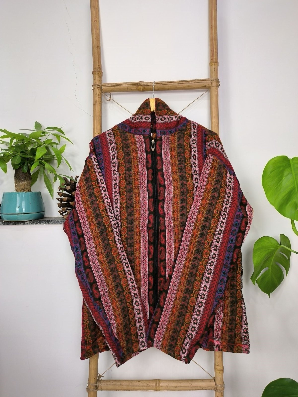 EARTH TONES Hippie Woolen Jacket Hoodie Handmade Boho - Red