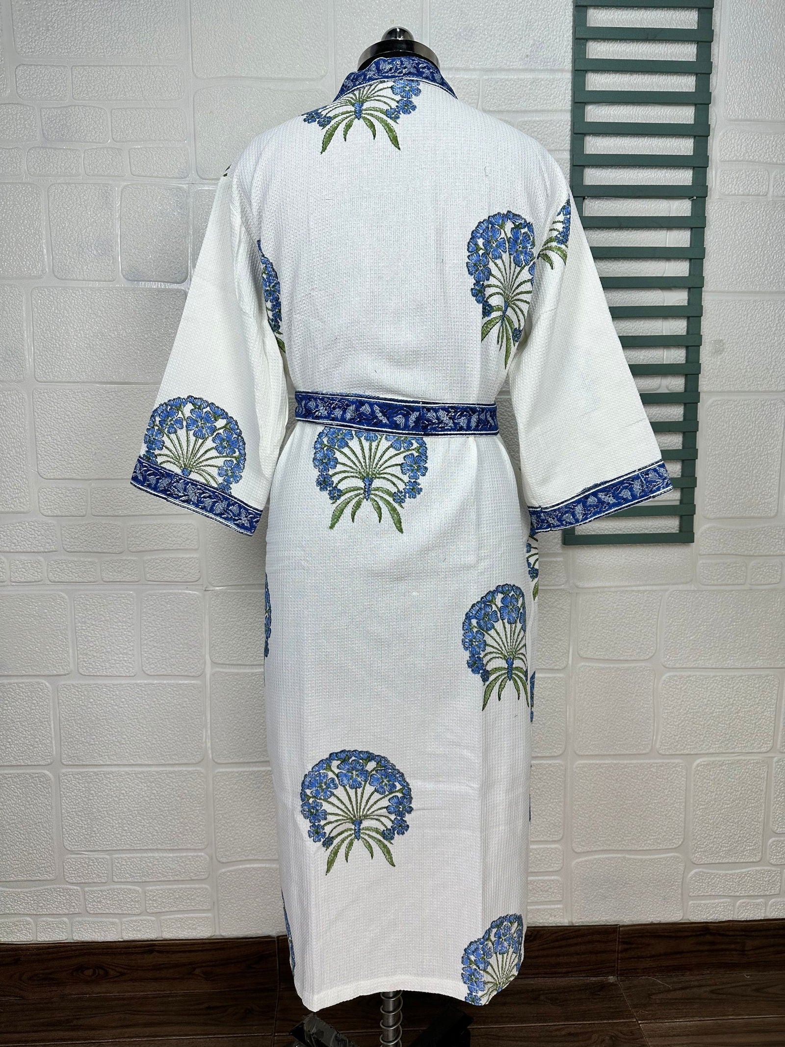 Floral Botanical Pure Waffle Cotton Handprinted Kimono | Perfect Summer House Bath Robe Floral Spa, Beach Coverup Bloom Botanical For Her