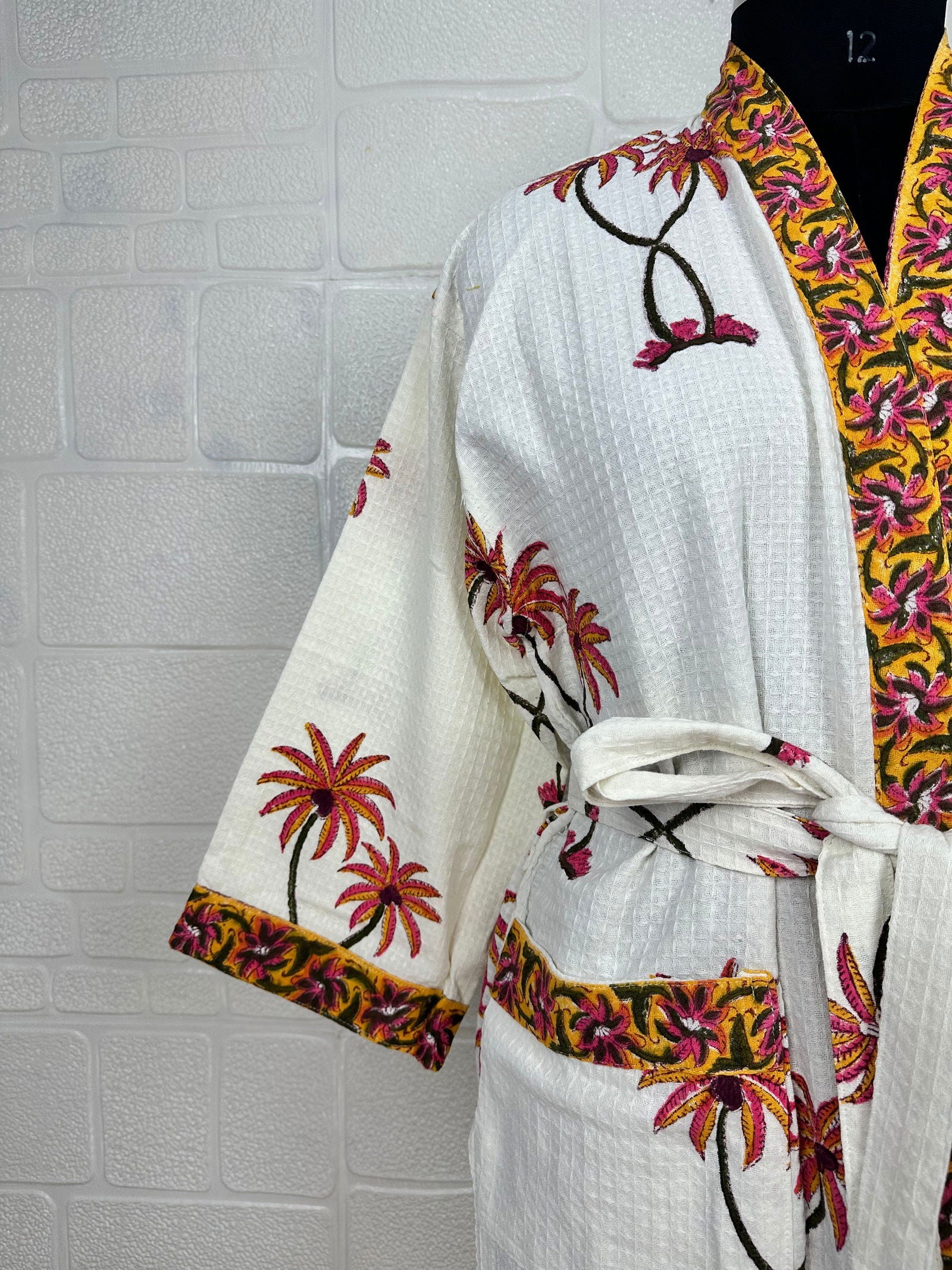 Floral Botanical Pure Waffle Cotton Handprinted Kimono | Perfect Summer House Bath Robe Floral Spa, Beach Coverup Bloom Botanical For Her