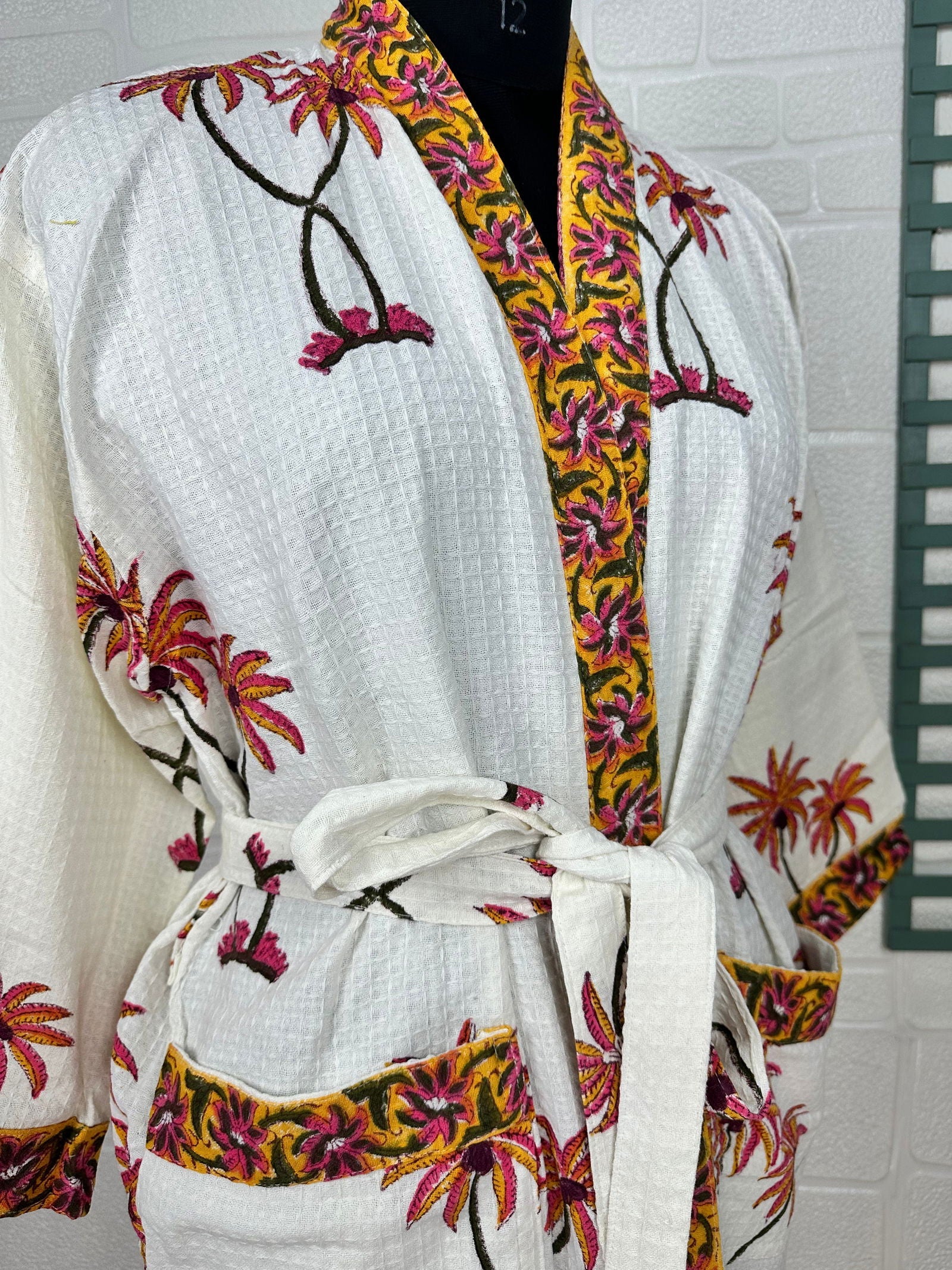 Floral Botanical Pure Waffle Cotton Handprinted Kimono | Perfect Summer House Bath Robe Floral Spa, Beach Coverup Bloom Botanical For Her