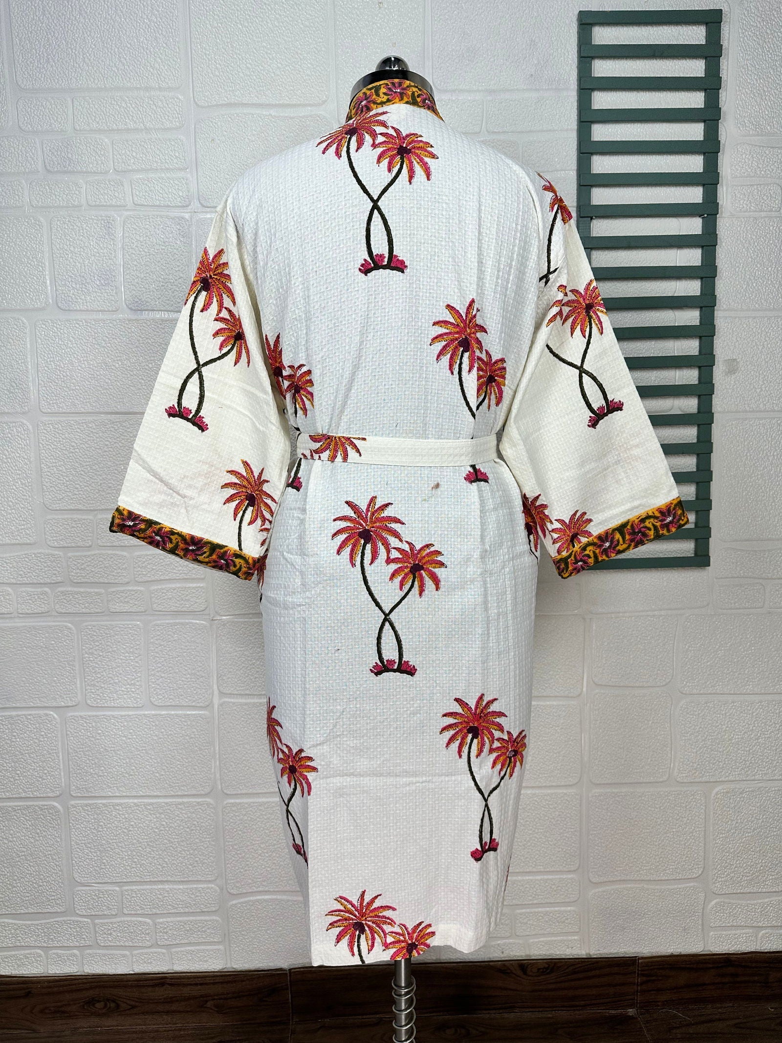 Floral Botanical Pure Waffle Cotton Handprinted Kimono | Perfect Summer House Bath Robe Floral Spa, Beach Coverup Bloom Botanical For Her