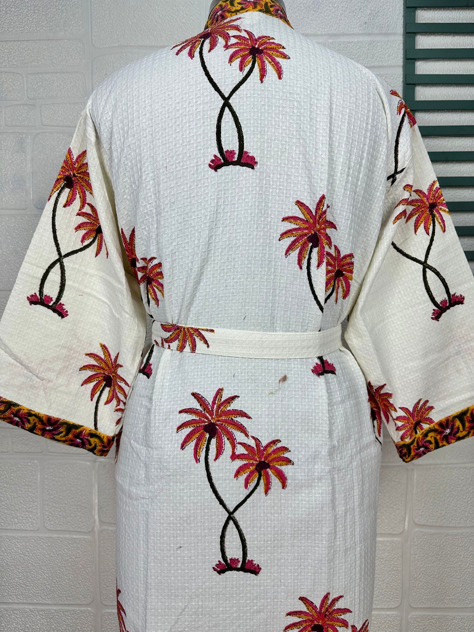 Floral Botanical Pure Waffle Cotton Handprinted Kimono | Perfect Summer House Bath Robe Floral Spa, Beach Coverup Bloom Botanical For Her