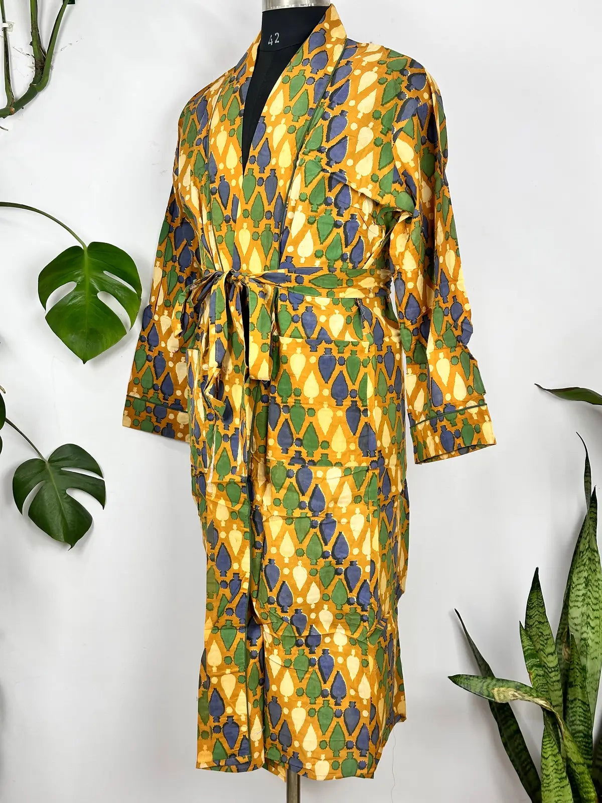 Funky Men's Cotton House Robe Kimono | Pastel Mustard Yellow Green Blue | Urban Man Regal Dressing Lounge | Cool Gift Father | Boyfriend