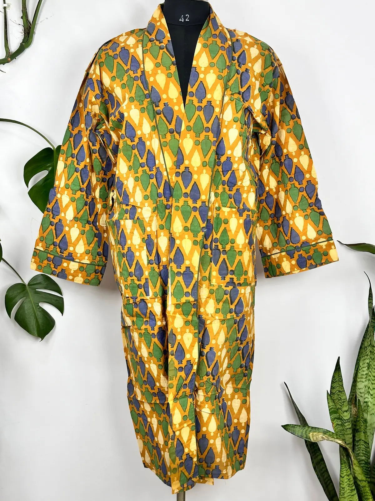 Funky Men's Cotton House Robe Kimono | Pastel Mustard Yellow Green Blue | Urban Man Regal Dressing Lounge | Cool Gift Father | Boyfriend