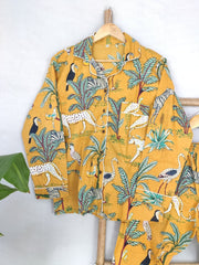 Hand Block Print Indian Soft Cotton PJ Set Loungewear Pastel Mustard Animal Print