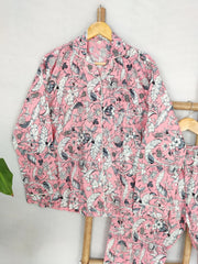 Hand Block Print Indian Soft Cotton PJ Set Loungewear Pastel Pink Floral