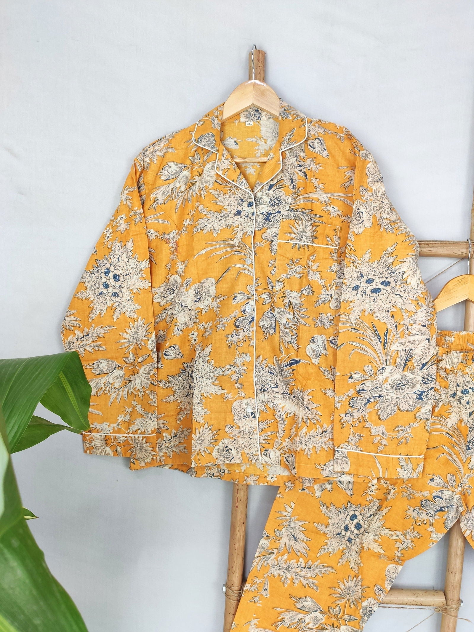 Hand Block Print Indian Soft Cotton PJ Set Loungewear Pastel Yellow Floral