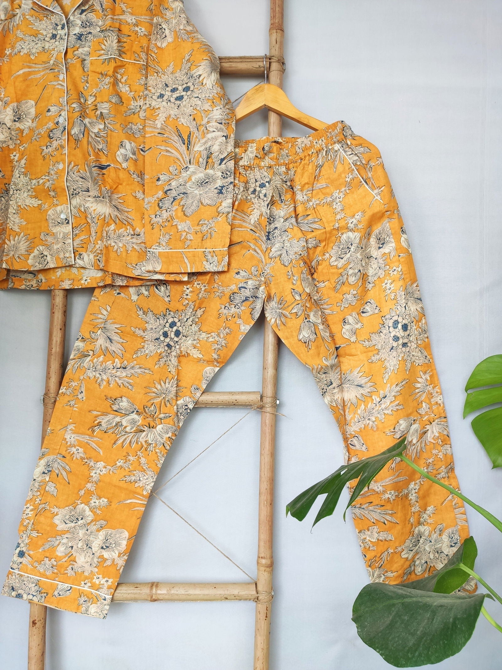 Hand Block Print Indian Soft Cotton PJ Set Loungewear Pastel Yellow Floral