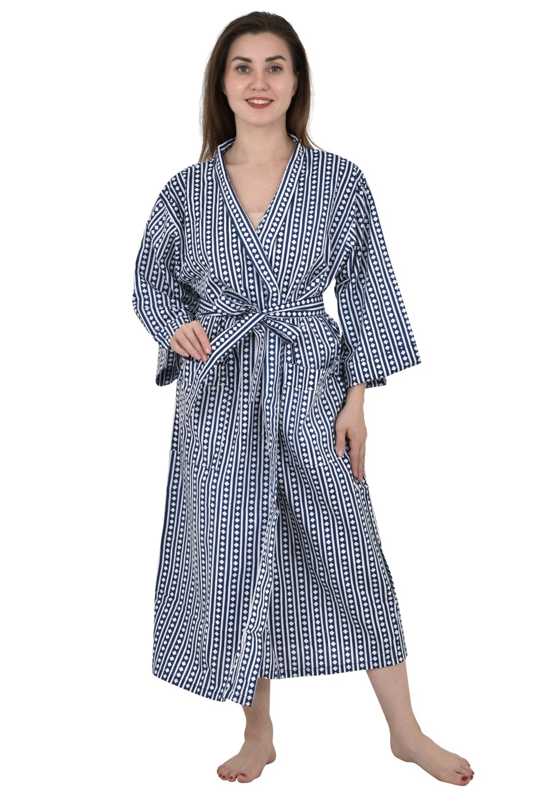House Robe Summer Kimono Pure Cotton Indian Block Printed For Her | Anniversary Gift Beach Coverup/Comfy Maternity Mom | Blue Diamonds
