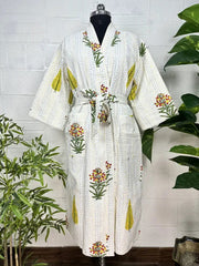 Kantha Pure Cotton Reversible Long Kimono Women Jacket Floral Print White Green