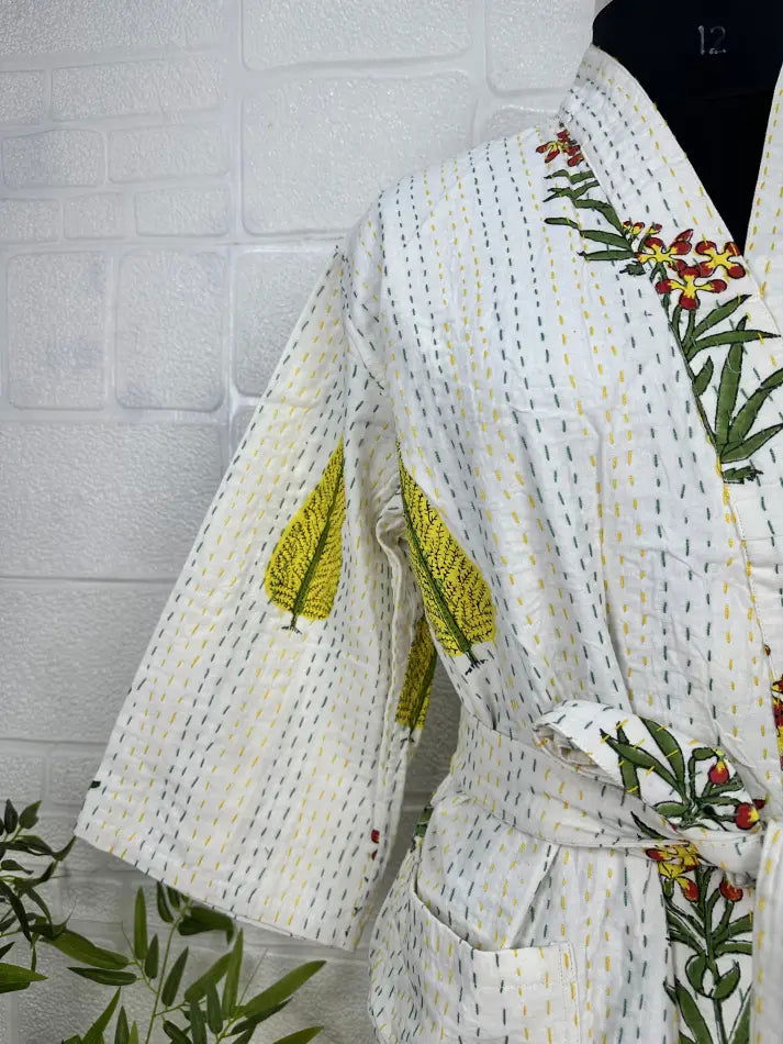 Kantha Pure Cotton Reversible Long Kimono Women Jacket Floral Print White Green