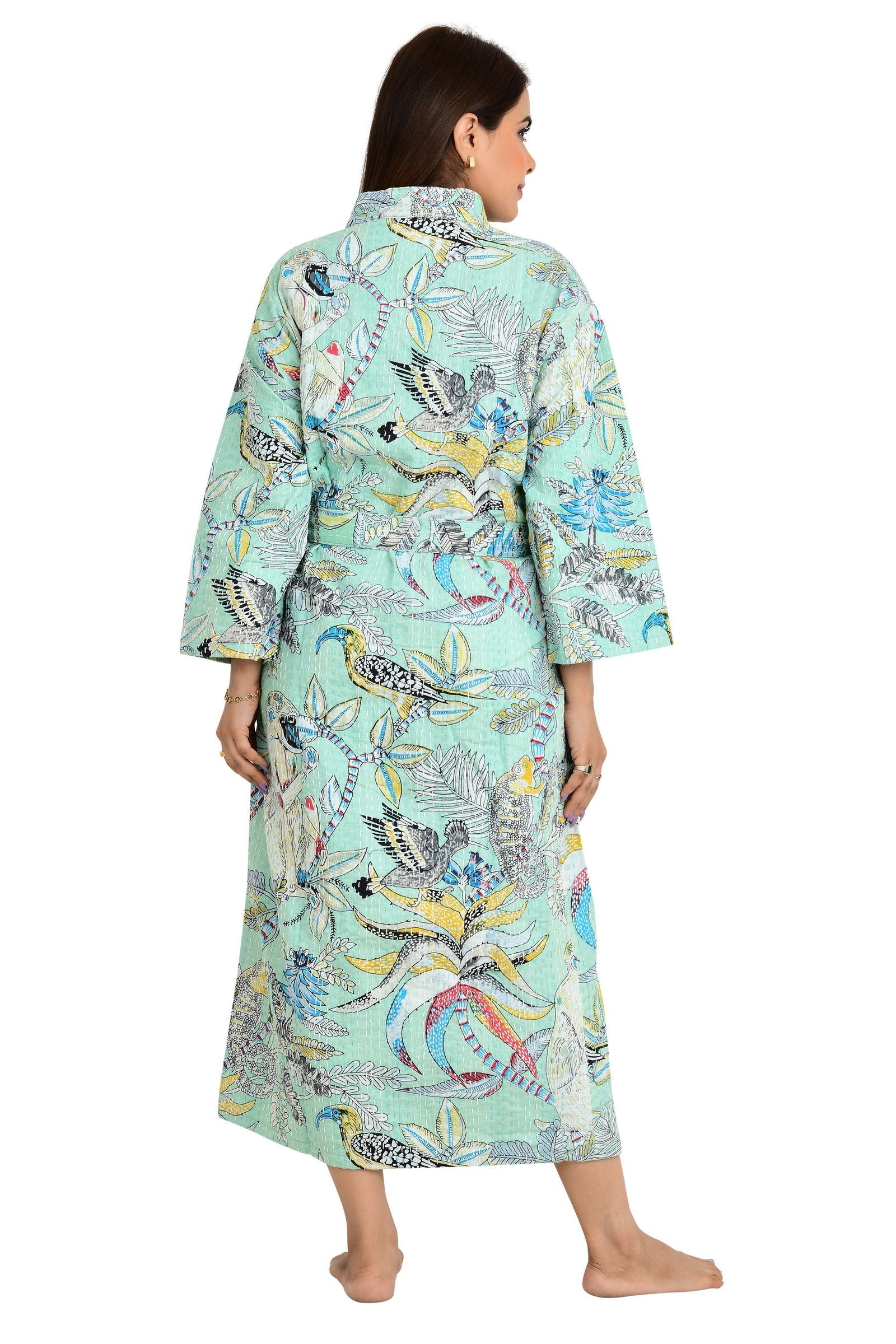 Kantha Pure Cotton Reversible Long Kimono Women Jacket Pastel Green Monkey Animal
