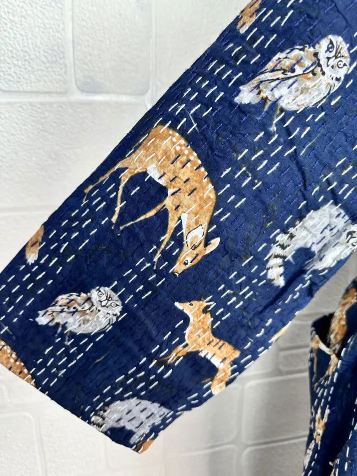 Kantha Pure Cotton Reversible Short Kimono Women Jacket Animal Print Blue Yellow