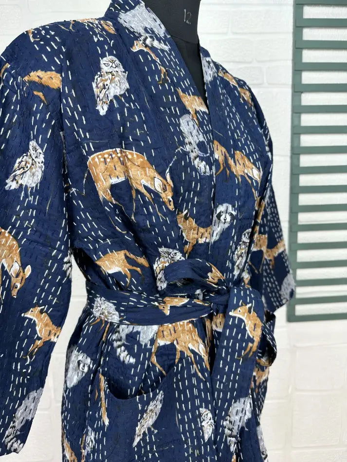 Kantha Pure Cotton Reversible Short Kimono Women Jacket Animal Print Blue Yellow