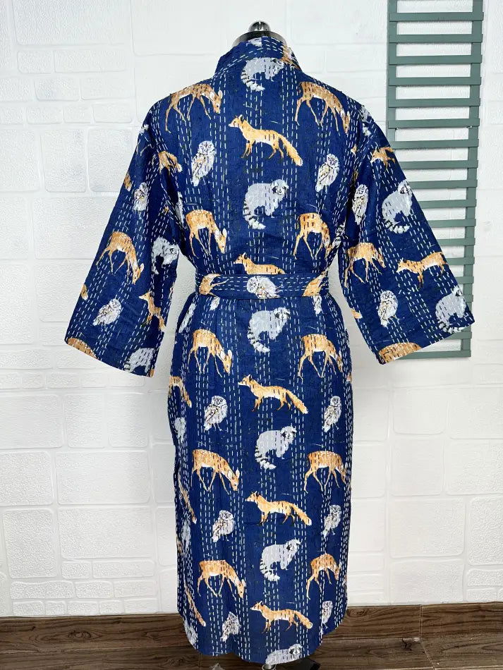 Kantha Pure Cotton Reversible Short Kimono Women Jacket Animal Print Blue Yellow