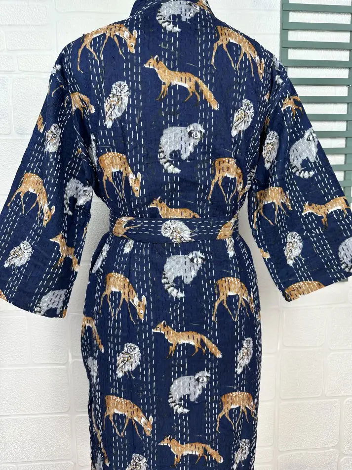 Kantha Pure Cotton Reversible Short Kimono Women Jacket Animal Print Blue Yellow