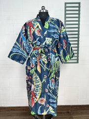 Kantha Pure Cotton Reversible Short Kimono Women Jacket Bird Print Blue Green