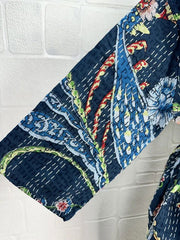 Kantha Pure Cotton Reversible Short Kimono Women Jacket Bird Print Blue Green