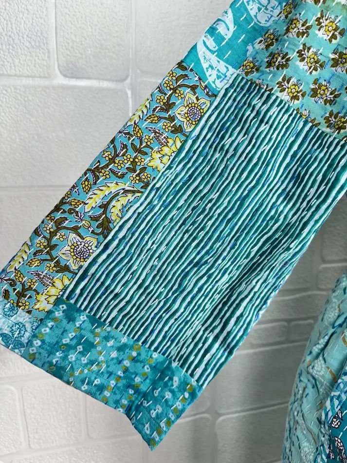 Kantha Pure Cotton Reversible Short Kimono Women Jacket Floral Print Blue Yellow