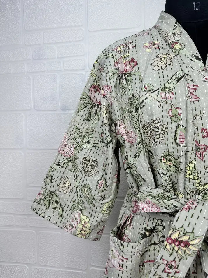 Kantha Pure Cotton Reversible Short Kimono Women Jacket Floral Print Grey Pink