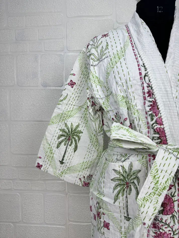 Kantha Pure Cotton Reversible Short Kimono Women Jacket Floral Print White Green