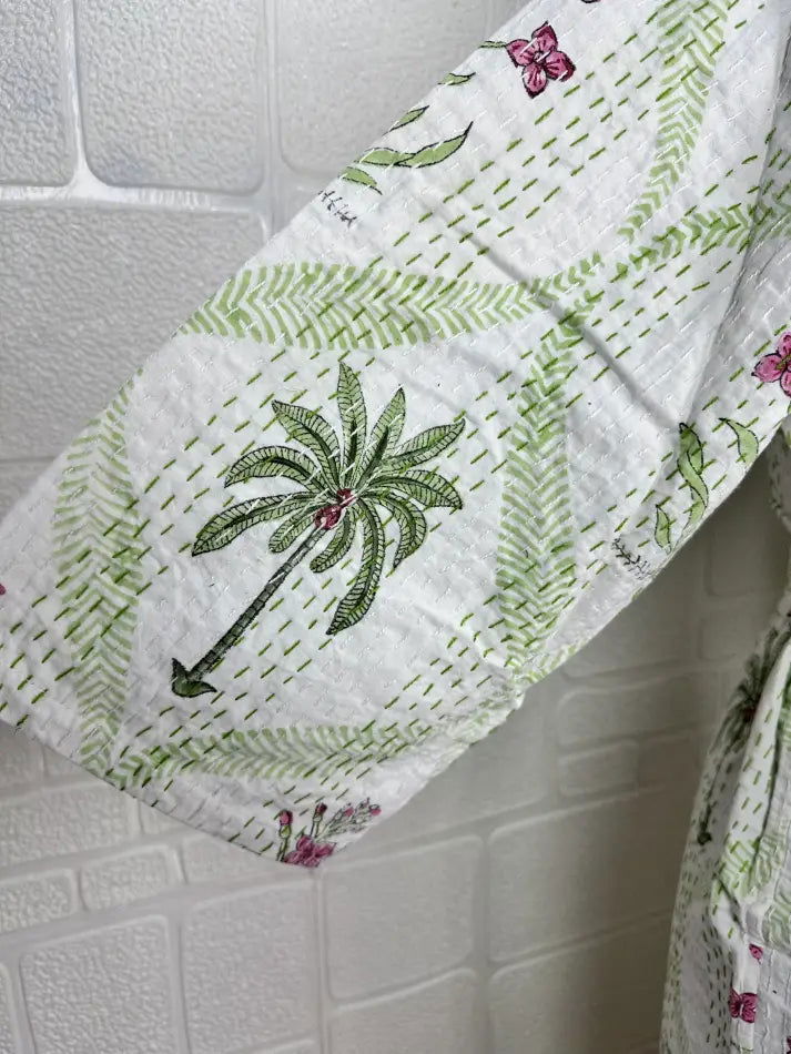 Kantha Pure Cotton Reversible Short Kimono Women Jacket Floral Print White Green