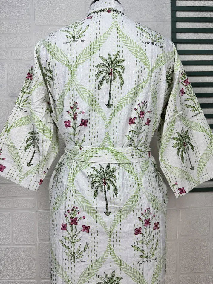 Kantha Pure Cotton Reversible Short Kimono Women Jacket Floral Print White Green