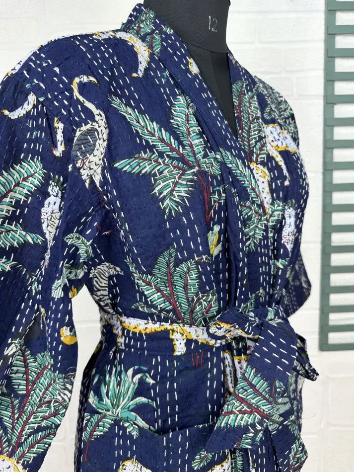 Kantha Pure Cotton Reversible Short Kimono Women Jacket Jungle Print Blue Green