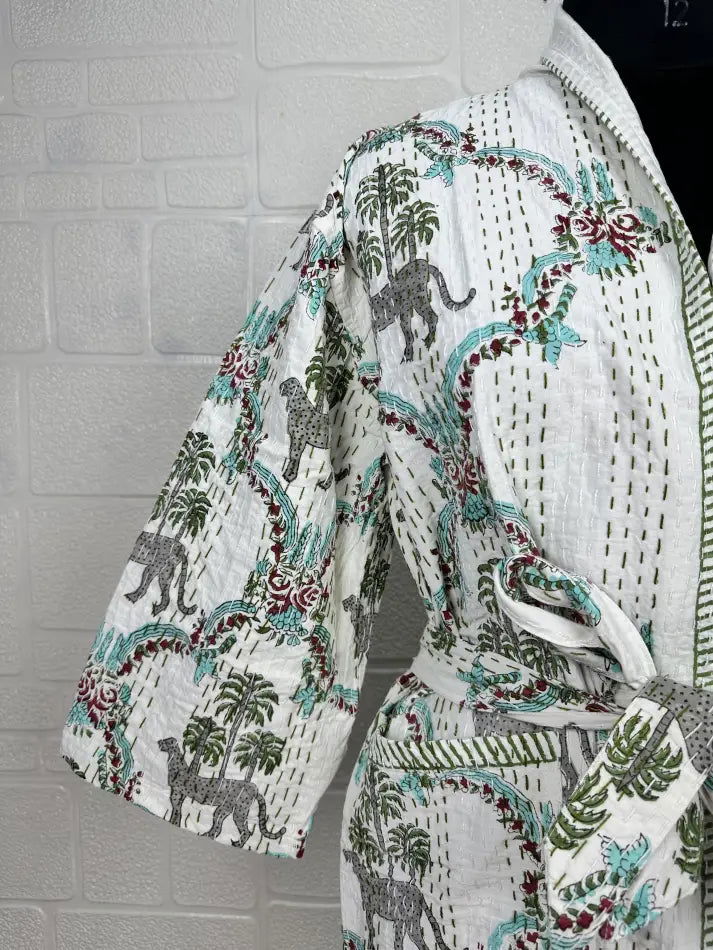 Kantha Pure Cotton Reversible Short Kimono Women Jacket Jungle Print White Green