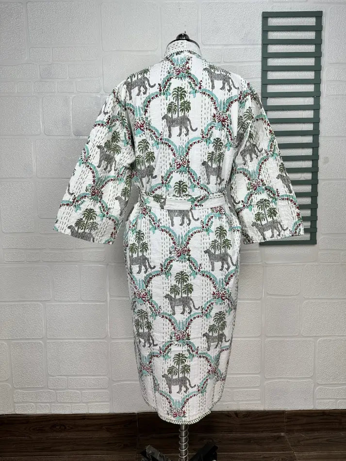 Kantha Pure Cotton Reversible Short Kimono Women Jacket Jungle Print White Green