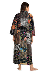 Kantha Stitch 100% Cotton Reversible Long Kimono Women Jacket | Handmade Stitch Robe | Unisex Gift | Black Patchwork Print
