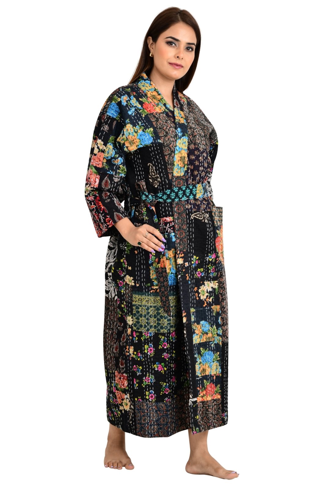 Kantha Stitch 100% Cotton Reversible Long Kimono Women Jacket | Handmade Stitch Robe | Unisex Gift | Black Patchwork Print