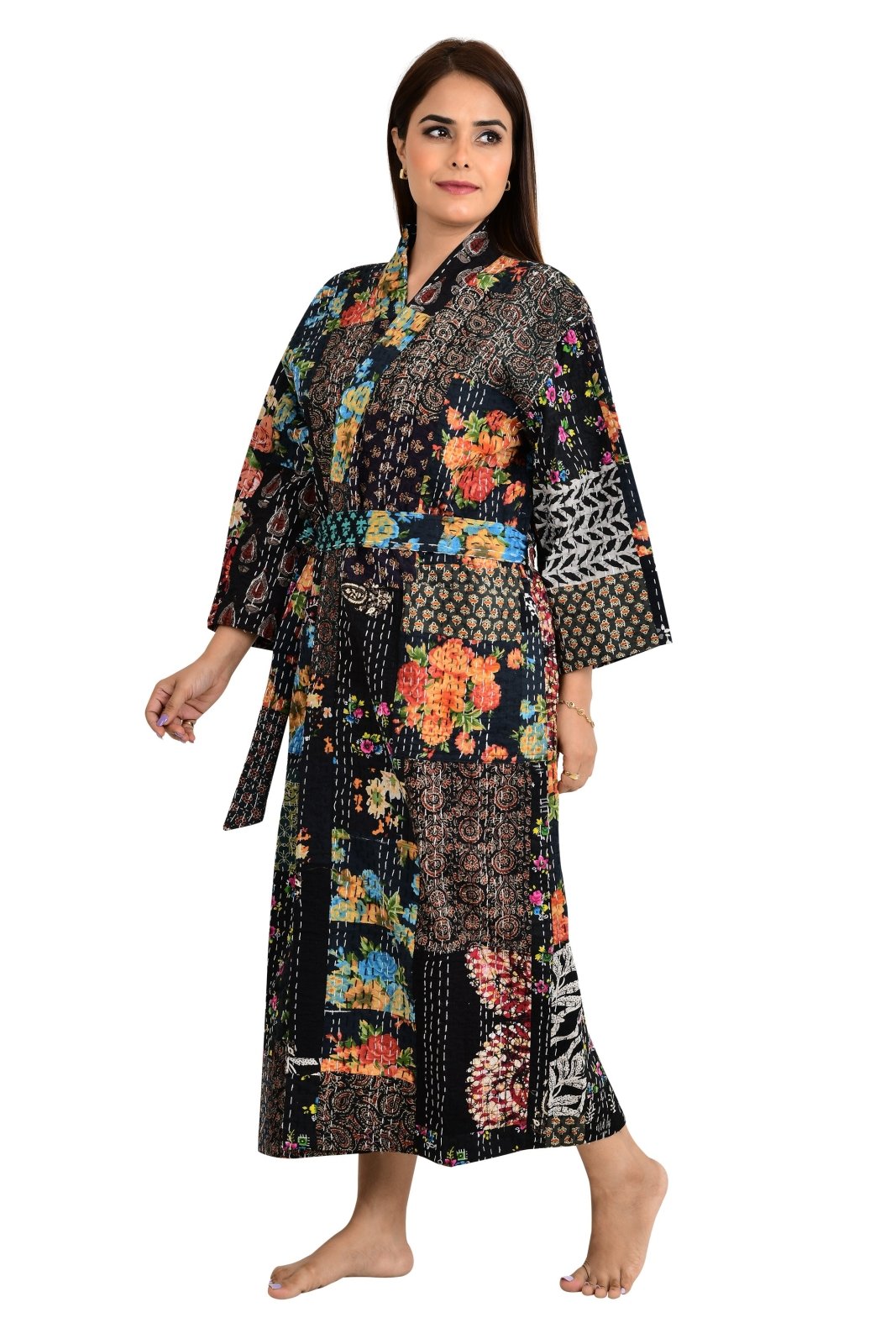 Kantha Stitch 100% Cotton Reversible Long Kimono Women Jacket | Handmade Stitch Robe | Unisex Gift | Black Patchwork Print