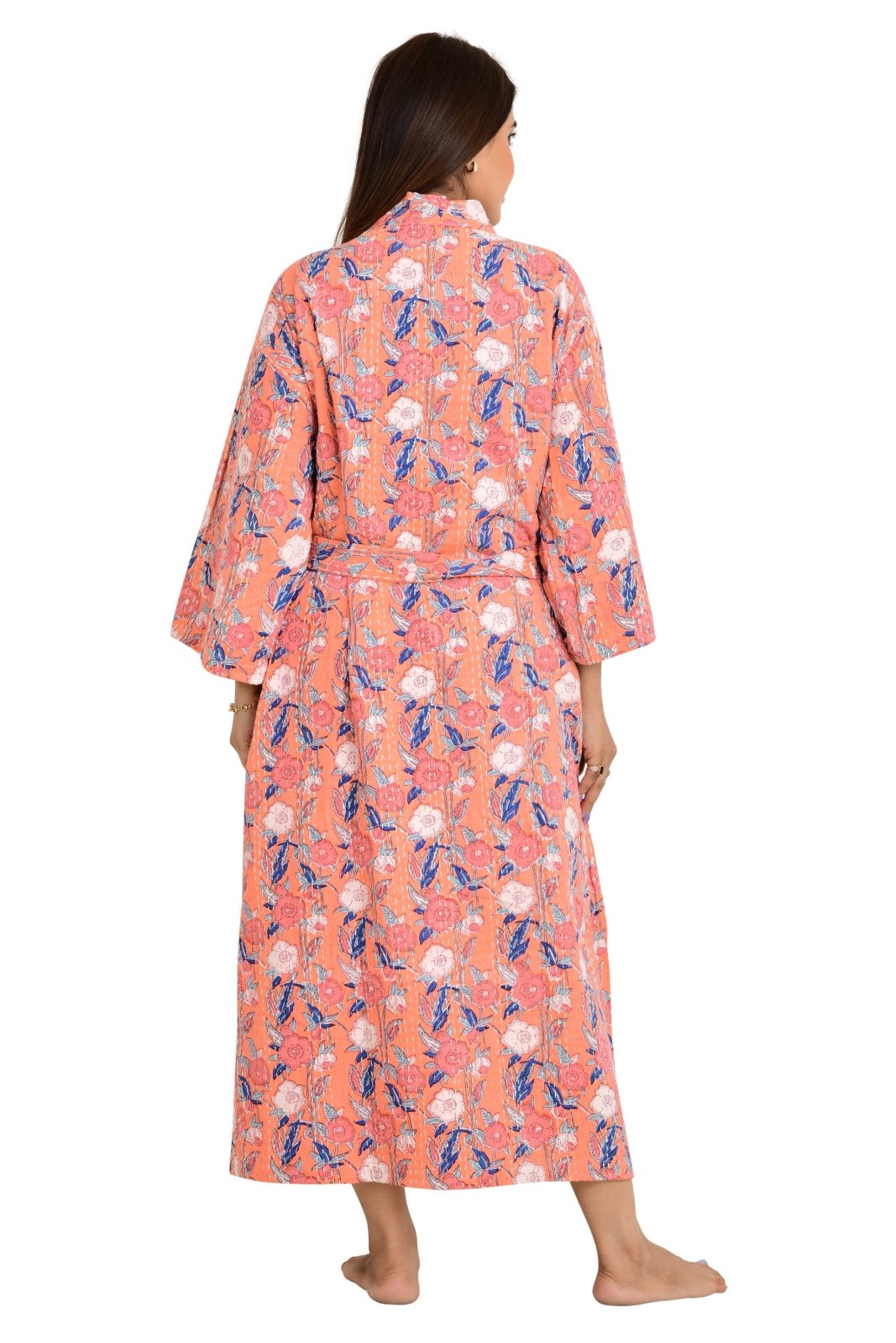 Kantha Stitch 100% Cotton Reversible Long Kimono Women Jacket | Handmade Stitch Robe | Unisex Gift | Peach Floral Print