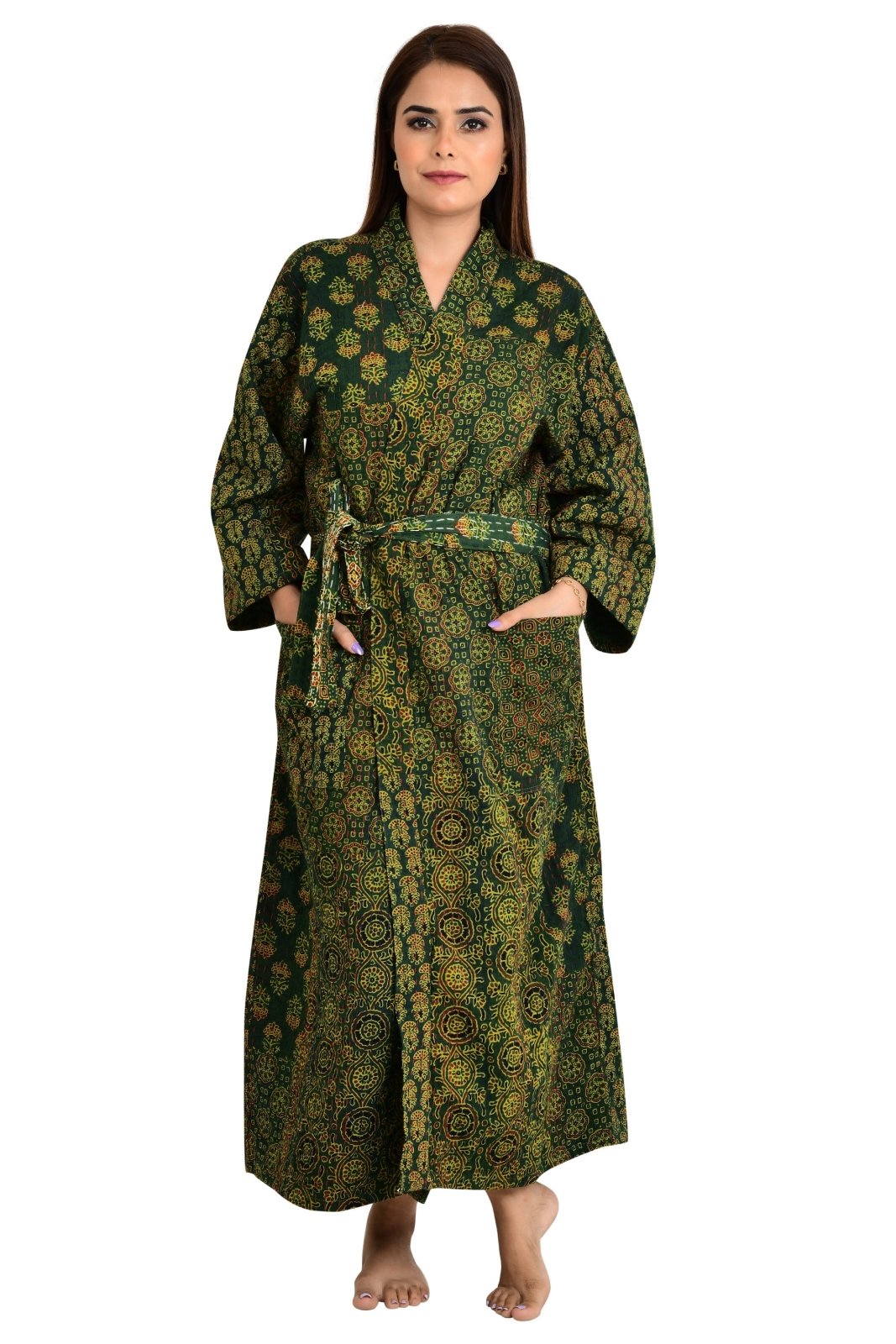 Kantha Stitch 100% Cotton Reversible Long Kimono Women Jacket | Handmade Stitch Robe | Unisex Gift | Red Orange Yellow Ajrakh Print