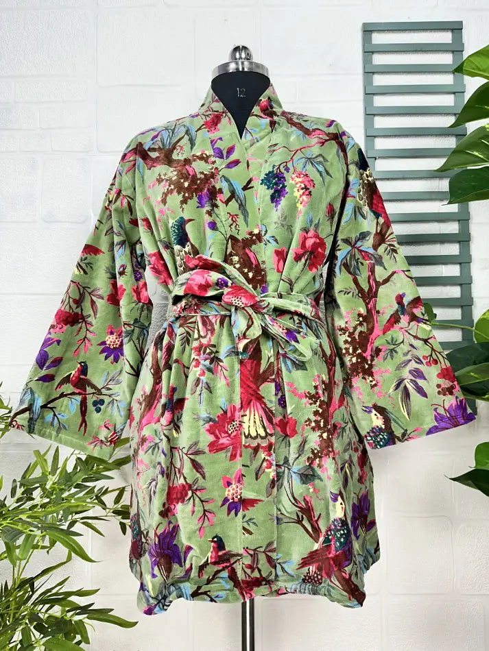 Luxury Velvet House Robe Unisex Kimono Jacket Reversible Silk Lined Autumn Winter Gift Elegant Bird Green Malibu Bluish Valentine Love