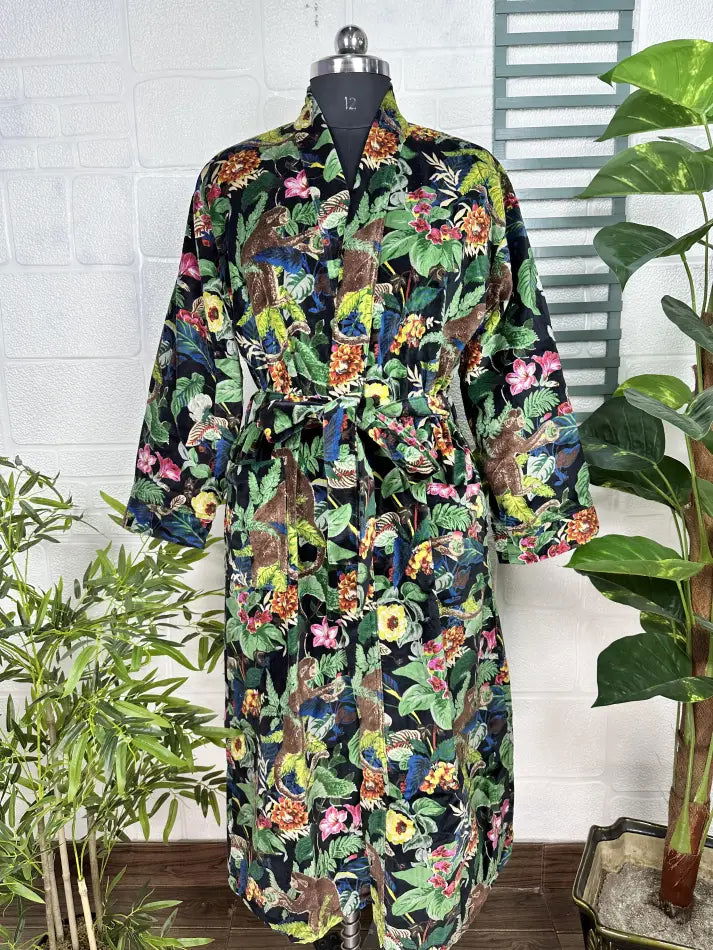 Luxury Velvet House Robe Unisex Kimono Jacket Reversible Silk Lined Autumn Winter Gift Elegant Floral Black Malibu Bluish Valentine Love