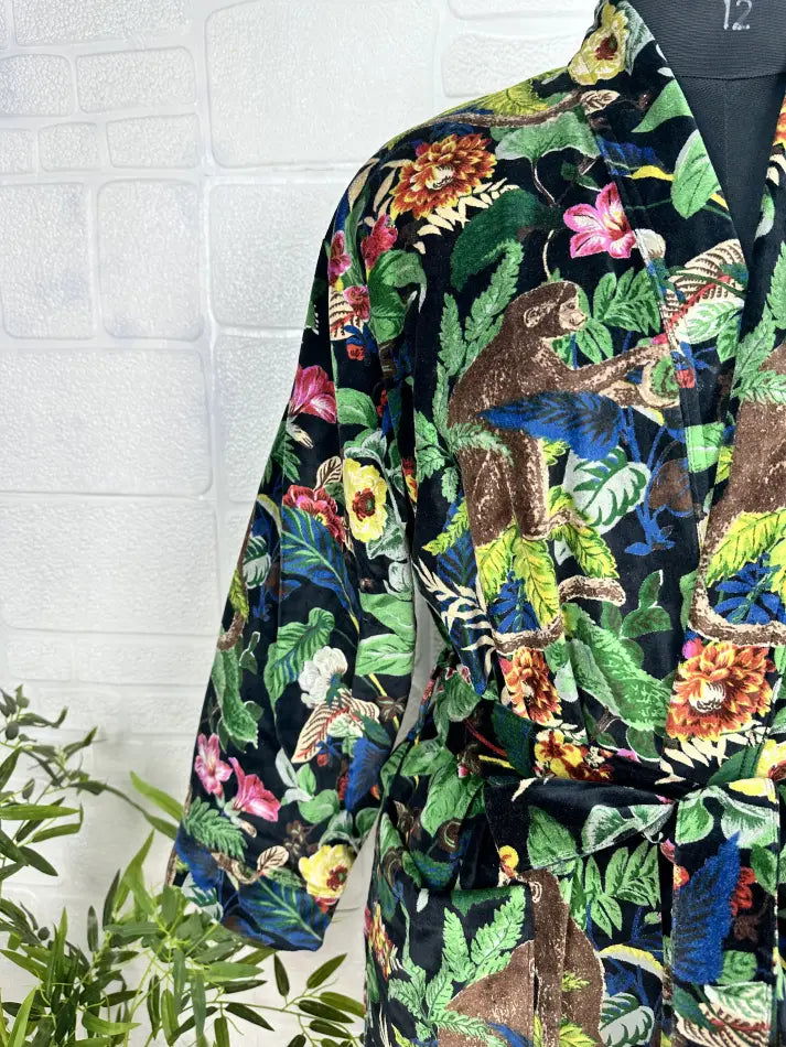 Luxury Velvet House Robe Unisex Kimono Jacket Reversible Silk Lined Autumn Winter Gift Elegant Floral Black Malibu Bluish Valentine Love