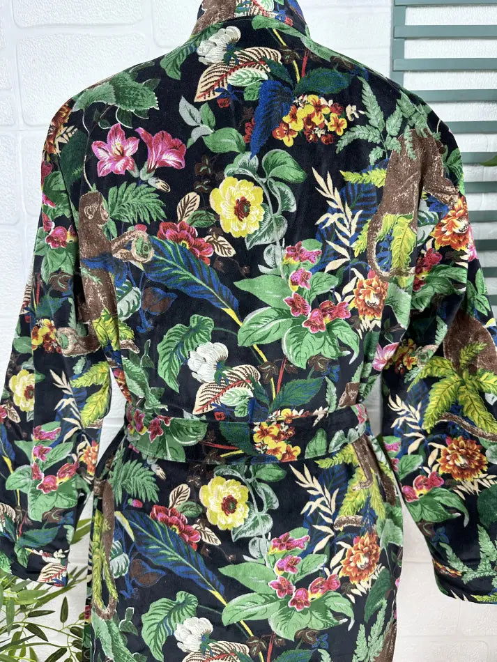 Luxury Velvet House Robe Unisex Kimono Jacket Reversible Silk Lined Autumn Winter Gift Elegant Floral Black Malibu Bluish Valentine Love