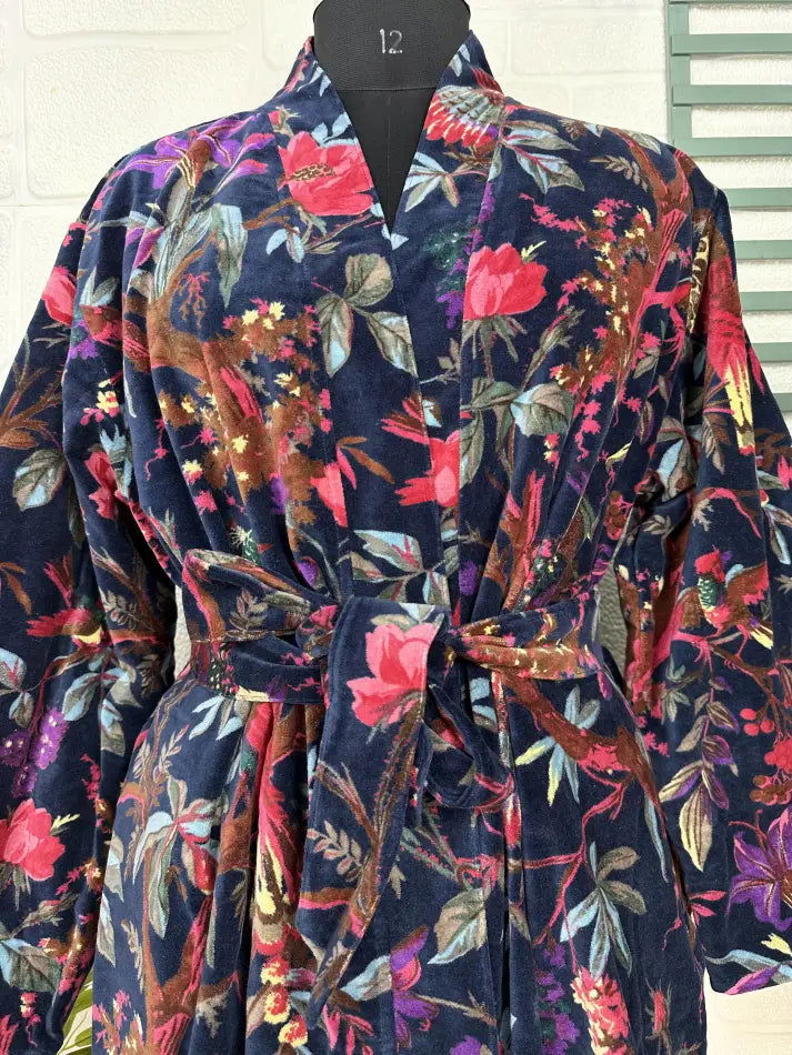 Luxury Velvet House Robe Unisex Kimono Jacket Reversible Silk Lined Autumn Winter Gift Elegant Floral Blue Malibu Bluish Valentine Love