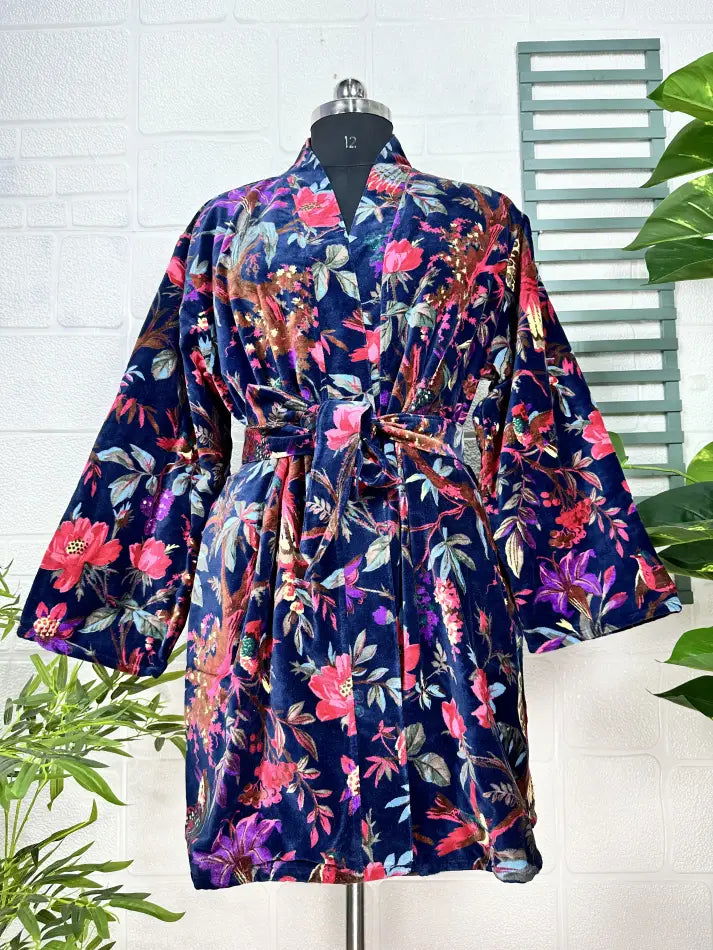Luxury Velvet House Robe Unisex Kimono Jacket Reversible Silk Lined Autumn Winter Gift Elegant Floral Blue Malibu Bluish Valentine Love