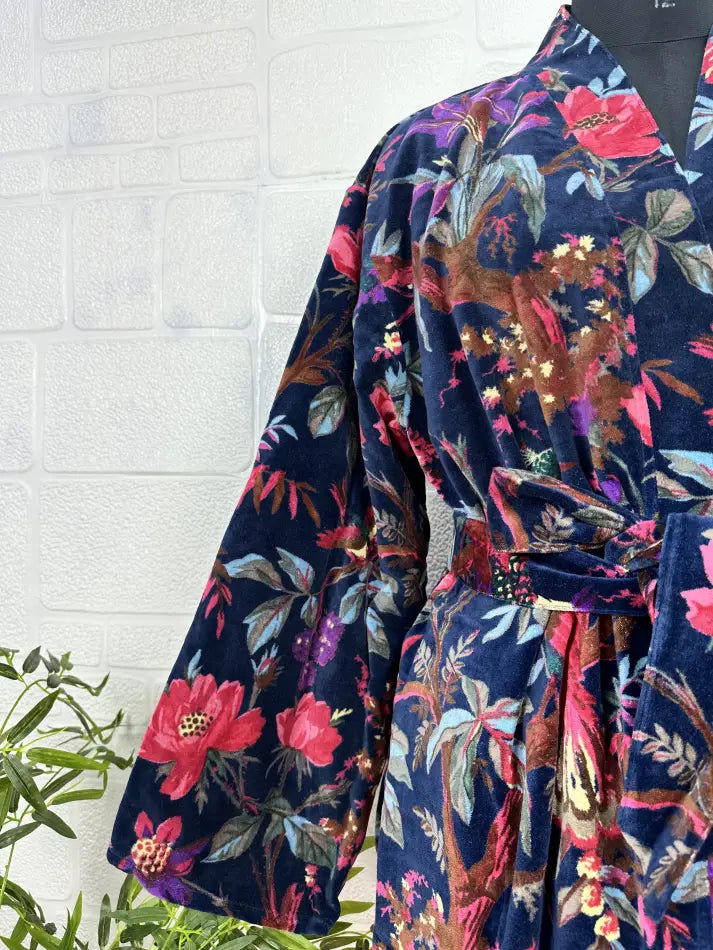 Luxury Velvet House Robe Unisex Kimono Jacket Reversible Silk Lined Autumn Winter Gift Elegant Floral Blue Malibu Bluish Valentine Love