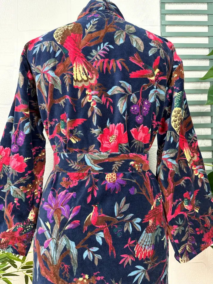 Luxury Velvet House Robe Unisex Kimono Jacket Reversible Silk Lined Autumn Winter Gift Elegant Floral Blue Malibu Bluish Valentine Love
