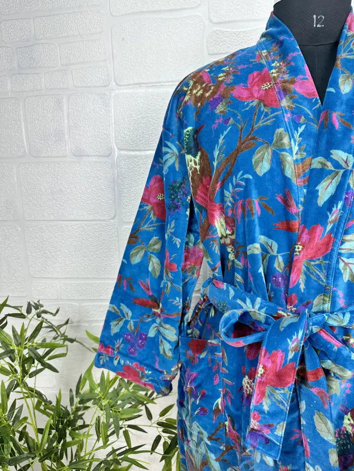 Luxury Velvet House Robe Unisex Kimono Jacket Reversible Silk Lined Autumn Winter Gift Elegant Floral Blue Malibu Bluish Valentine Love